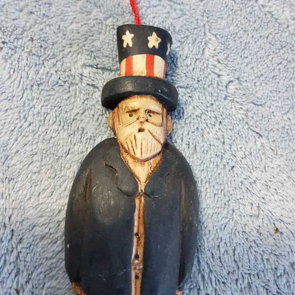 Vintage Wood Carved Uncle Sam Hanging Ornament Patriotic July 4th Folk Art 4.5